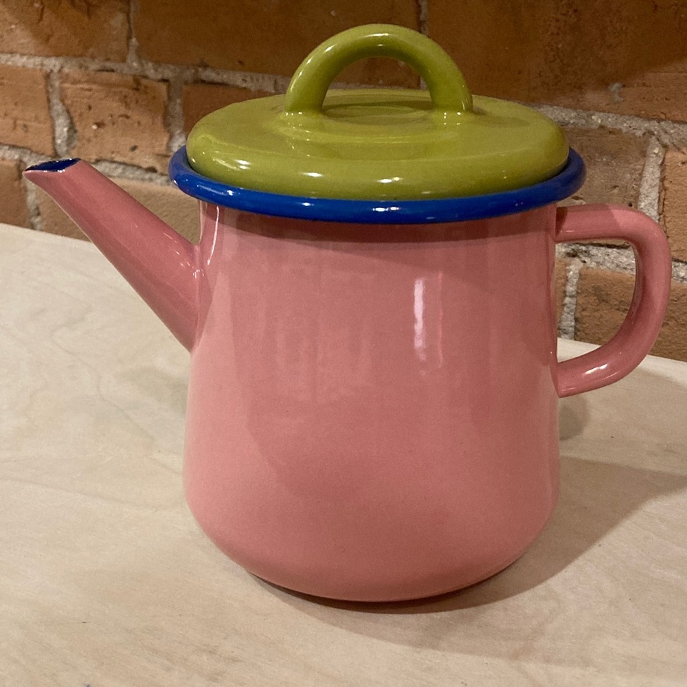Pink Enamel Teapot with Green Lid